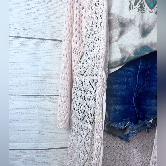 Boutique Brand Open Knit Tie Front Drop Shoulder Cardigan Duster Apricot 💗 - Picture 2 of 12